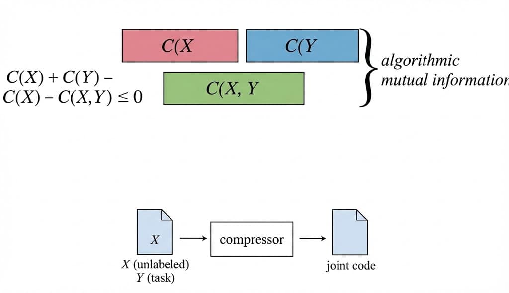 Joint compression exploits shared structure between datasets. The gap between separate and joint compression is the algorithmic mutual information.